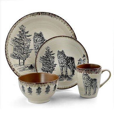 Elama Majestic Wolf 16 Piece Luxurious Stoneware Dinnerware with ...