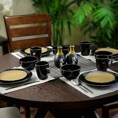 Elama Cambridge Grand 16-Piece Dinnerware Set in Luxurious Black and Warm Taupe with Complete Setting for 4