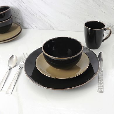 Elama Cambridge Grand 16-Piece Dinnerware Set in Luxurious Black and Warm Taupe with Complete Setting for 4