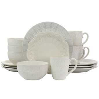 Elama White Lace 16 pc Luxurious Stoneware Dinnerware with Complete Setting for 4