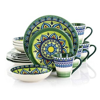 Elama Zen Green Mozaik 16 pc Luxurious Stoneware Dinnerware with Complete Setting for 4, 16 pc