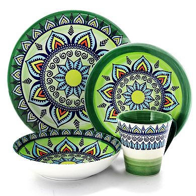 Elama Zen Green Mozaik 16 Piece Luxurious Stoneware Dinnerware with Complete Setting for 4, 16pc