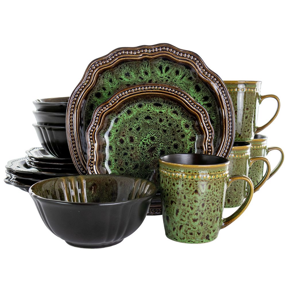クィーンズウェアEDMEエドミー　16cmサラダボウル3枚　黒壺 Elama Jade Waves 16 Piece Stoneware Dinnerware Set in Green