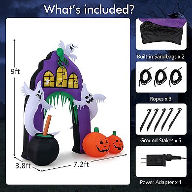 9 Feet Tall Halloween Inflatable Castle Archway Decor with Spider Ghosts and Built-in