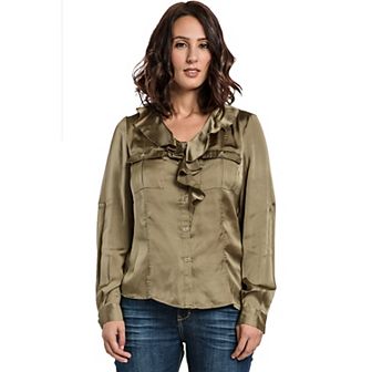 Women's Satin Blouse Adjustable Long Sleeve Cascading Collar Cargo Pocket