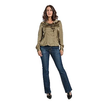 Women's Satin Blouse Adjustable Long Sleeve Cascading Collar Cargo Pocket