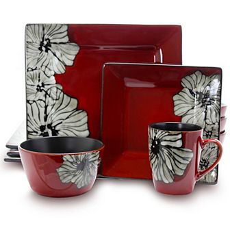 Elama Winter Bloom 16 pc Square Stoneware Dinnerware Set