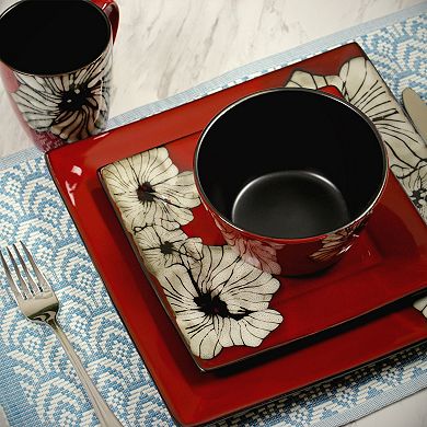 Elama Winter Bloom 16 Piece Square Stoneware Dinnerware Set