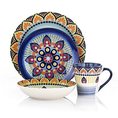 Elama Zen Blue Mozaik 16 Piece Luxurious Stoneware Dinnerware with Complete Setting for 4, 16pc