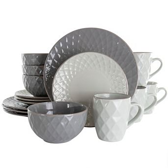 Elama Tahitian Diamond 16 pc Stoneware Dinnerware Set in Slate and Pearl
