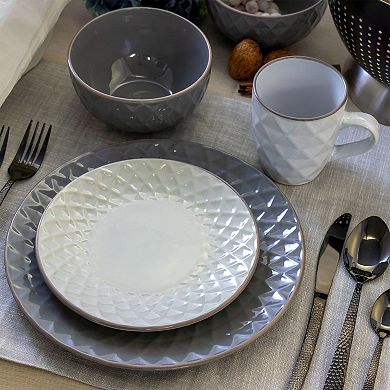 Elama Tahitian Diamond 16 Piece Stoneware Dinnerware Set in Slate and Pearl