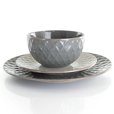 Elama Tahitian Diamond 16 Piece Stoneware Dinnerware Set in Slate and Pearl