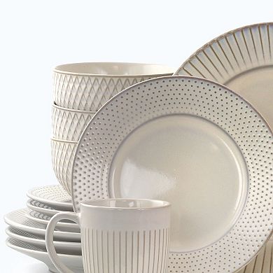 Elama Market Finds 16 Piece Round Stoneware Dinnerware Set in Embossed White