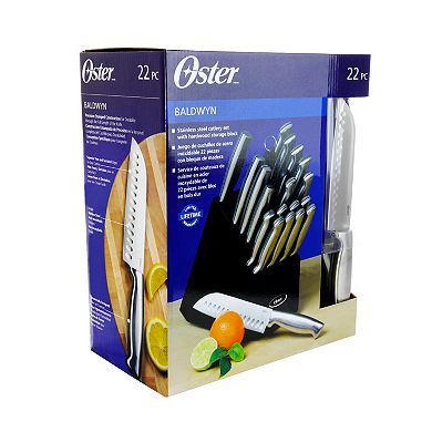 Oster Baldwyn 22 Piece Stainless Steel Cutlery Set with Stainless Steel Handles and Wooden Block