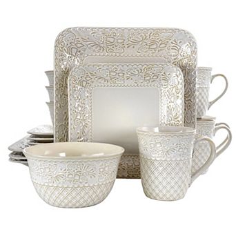 Elama Ivory Lotus 16 pc Square Dinnerware Set