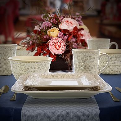 Elama Ivory Lotus 16 Piece Square Dinnerware Set