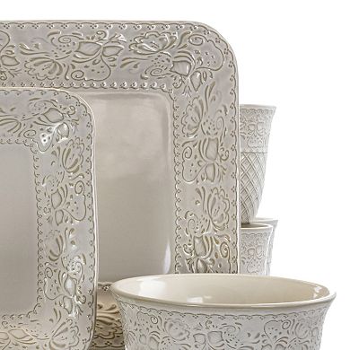 Elama Ivory Lotus 16 Piece Square Dinnerware Set