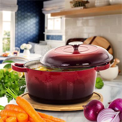 MegaChef Pro 5 Quarts Round Enameled Cast Iron Casserole with Lid in Red