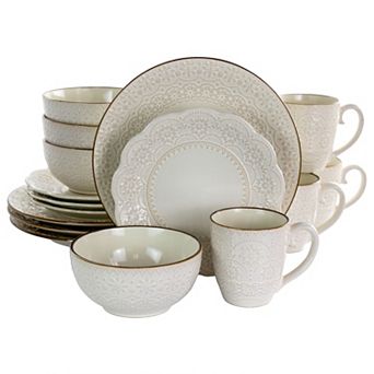 Elama Contessa 16 pc Embossed Scalloped Stoneware Dinnerware Set in Ivory