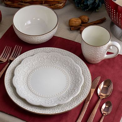 Elama Contessa 16 Piece Embossed Scalloped Stoneware Dinnerware Set in Ivory