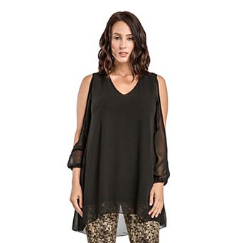 Women Chiffon Tunic Tops Cold Shoulder Peasant Sleeves V-Neck
