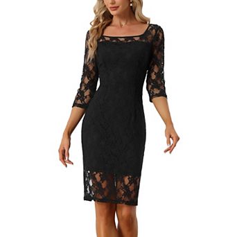 Lace 3/4 Sleeve Dress For Women Square Neck Midi Straight Tired