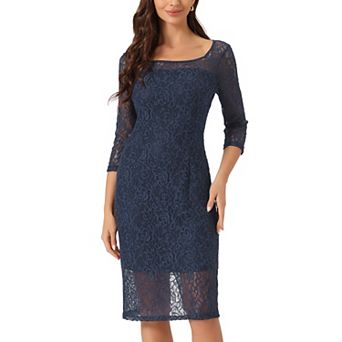 Lace 3/4 Sleeve Dress For Women Square Neck Midi Straight Tired