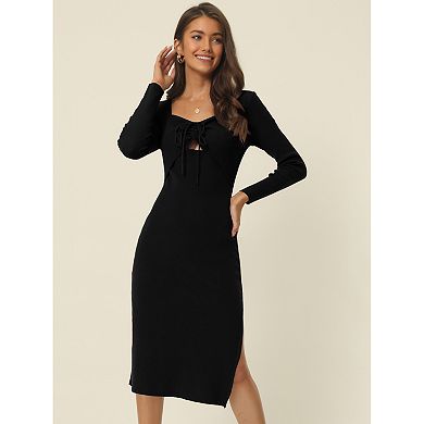 Women's Long Sleeve Sweetheart Neck Ruched Drawstring Side Slit Knit Bodycon Sweater Dress