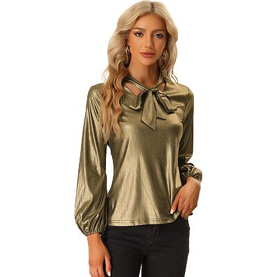 Women's Metallic Shiny Blouse Tie Neck Party Long Sleeve Shirt