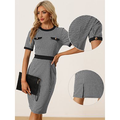Plaid Houndstooth Dress For Women's Short Sleeve Contrast Bodycon Dresses