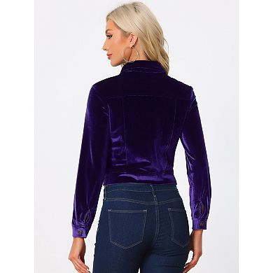 Women's Velvet Jacket Faux Flap Pocket Long Sleeves Button Front Casual Jacket