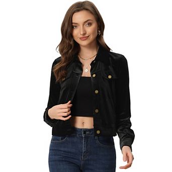 Women's Velvet Jacket Faux Flap Pocket Long Sleeves Button Front Casual Jacket