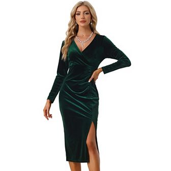Velvet Bodycon Dress For Women's V Neck Long Sleeves Ruched Split Midi Dresses