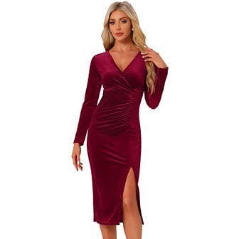 Velvet Bodycon Dress For Women's V Neck Long Sleeves Ruched Split Midi Dresses