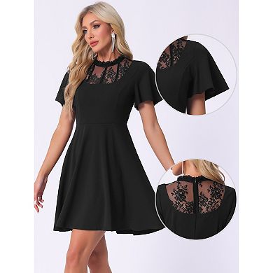 Women's Lace Mesh Flutter Sleeve Hight Neck Casual Midi Dress