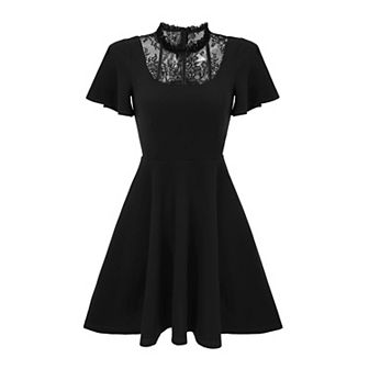 Women's Lace Mesh Flutter Sleeve Hight Neck Casual Midi Dress