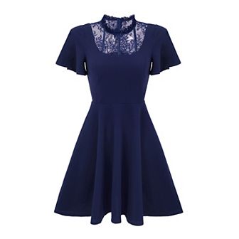 Women's Lace Mesh Flutter Sleeve Hight Neck Casual Midi Dress