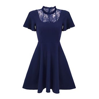 Women's Lace Mesh Flutter Sleeve Hight Neck Casual Midi Dress
