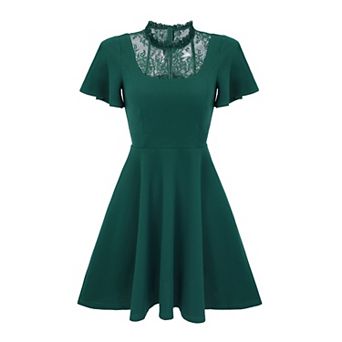 Women's Lace Mesh Flutter Sleeve Hight Neck Casual Midi Dress