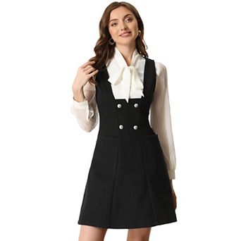 Pinafore Dress for Women's A-Line Double Breasted Overalls Suspenders