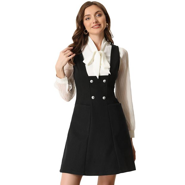 Pinafore A Line Double Breasted Overall Suspender Dress Black M
