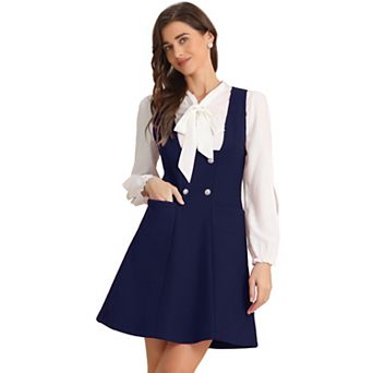 Pinafore Dress for Women's A-Line Double Breasted Overalls Suspenders