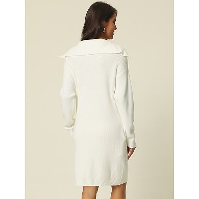 Women's Zipper V Neck Long Sleeve Slim Fit Casual Midi Sweater Dress