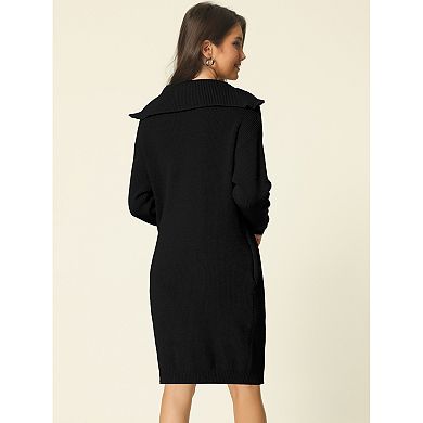 Women's Zipper V Neck Long Sleeve Slim Fit Casual Midi Sweater Dress