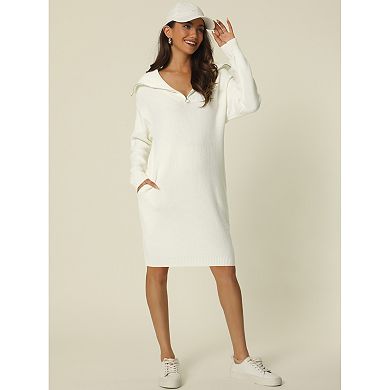 Women's Zipper V Neck Long Sleeve Slim Fit Casual Midi Sweater Dress