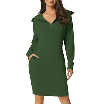 Women's Zipper V Neck Long Sleeve Slim Fit Casual Midi Sweater Dress