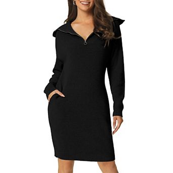 Women's Zipper V Neck Long Sleeve Slim Fit Casual Midi Sweater Dress