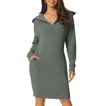 Women's Zipper V Neck Long Sleeve Slim Fit Casual Midi Sweater Dress