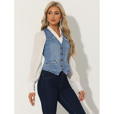 Women's Denim Vest Sleeveless Washed Distressed Jean Jacket