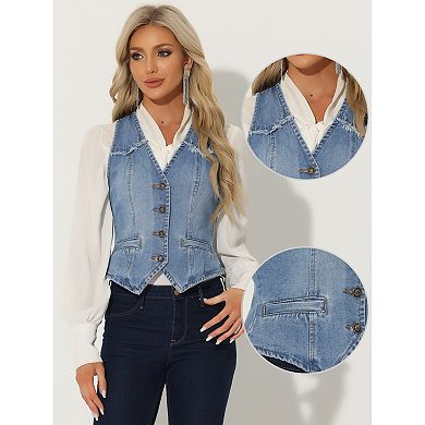 Women's Denim Vest Sleeveless Washed Distressed Jean Jacket